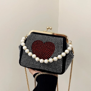 Rhinestone Evening Bag Heart Design Artificial Pearl Handle Crossbody Purse For Women Glitter Kiss Lock Clutch With Metal Chain