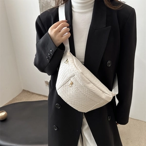 White woven crossbody belt bag for women with gold zippers and adjustable strap