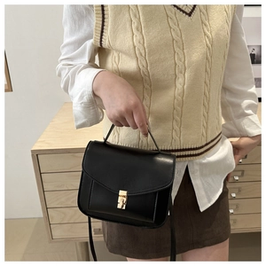 Close-up of black square handbag with golden rotating lock and matte leather texture