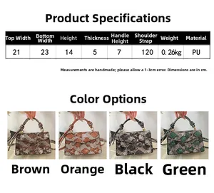Size guide for snake pattern crossbody bag with dimensions and material specifications