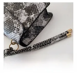 Macro shot of gold-tone lobster clasp and snake print texture on minimalist handbag