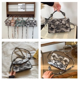 Detailed views of snakeskin pattern crossbody bag in four trendy colors and textures