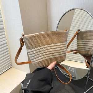 Sac Seau en Paille Tissé à Rayures pour Femmes Sac Bandoulière de Plage Vacances Petit Sac à Main Été Grande Capacité
