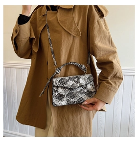 Close-up of snake skin texture and golden metal hardware on black white mini bag