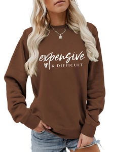 Detail of brown crewneck sweatshirt featuring white expensive and difficult graphic print