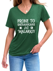 Detail of V-neck dark green t-shirt with Prone to Shenanigans clover print and text