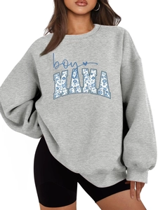 Close-up of the boy MAMA floral letter print on a grey casual long sleeve sweatshirt