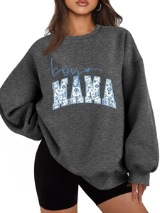 Detail of BOY MAMA floral lettering on charcoal grey oversized crewneck sweatshirt