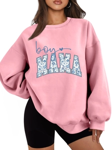 Close-up of boy MAMA floral letter print on a pink crewneck drop-shoulder sweatshirt