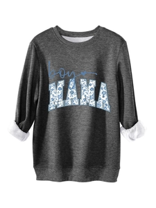 Detail of grey crewneck sweatshirt with blue floral boy MAMA print and white inner lining