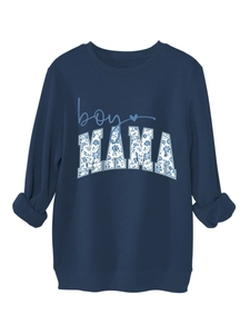 Detail of navy blue sweatshirt showing floral boy MAMA print and ribbed knit cuffs