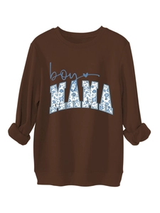 Detail of BOY MAMA floral lettering on a loose brown crewneck sweatshirt with ribbed cuffs