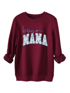 Detail of floral MAMA letters and blue boy text on thick burgundy crewneck sweatshirt