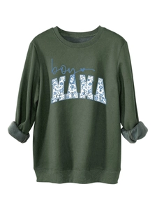 Close-up of the boy MAMA floral print and grey fleece lining on a dark green sweatshirt