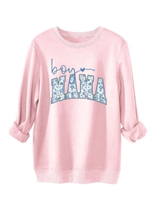 Detail of baby pink BOY MAMA sweatshirt with floral letter print and ribbed cuffs
