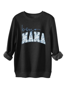 Detail of blue boy MAMA floral print and thick grey fleece lining on a black sweatshirt