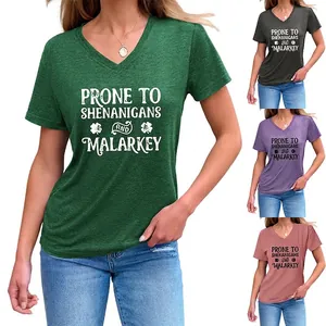Women's Casual Cotton Blend V-Neck Short Sleeve T-Shirt Prone To Shenanigans Shamrock Letter Print Loose Knot Hem Top