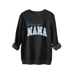 Black crewneck Boy Mama sweatshirt with blue floral lettering and fleece lining