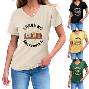 Detail of V-neck T-shirt showing multiple colors and I Have No Shelf Control book print