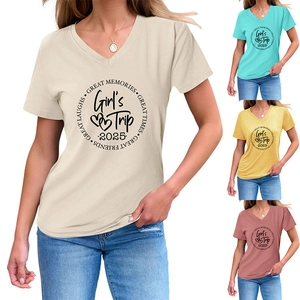 Detail of Girl's Trip 2025 print on slim fit V-neck short sleeve cotton t-shirts