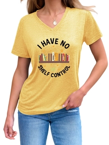Detail of ginger V-neck T-shirt with I Have No Shelf Control book print for book lovers