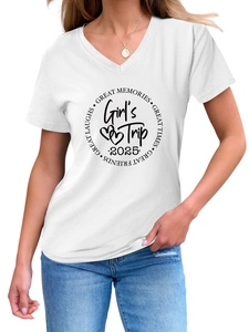 Close-up of V-neck white cotton T-shirt with black Girl's Trip 2025 graphic print