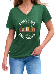 Detail of V-neck T-shirt in dark green with I Have No Shelf Control book graphic print