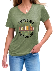 Detail of V-neck T-shirt in grass green heather fabric with book lover illustration