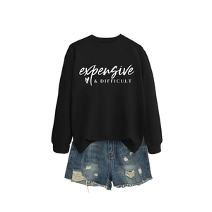 Women's casual black long sleeve sweatshirt with text and ripped blue denim shorts set