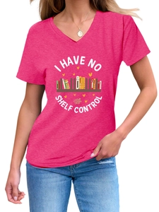 Detail of V-neck t-shirt in rose pink with I HAVE NO SHELF CONTROL book print