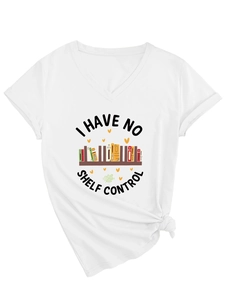 Detail of V-neck white tee featuring I Have No Shelf Control book lover graphic print