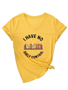 Yellow V-neck T-shirt with rolled sleeves, front tie knot, and book shelf illustration