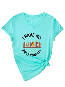 Detail of mint green V-neck T-shirt with knot hem and colorful bookshelf illustration