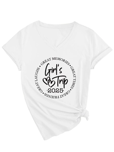 Detail of Girl's Trip 2025 print and side knot on white V-neck cotton T-shirt
