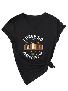 Detail of V-neck black T-shirt with 'I HAVE NO SHELF CONTROL' book graphic and side knot