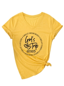 Detail shot of the V-neck cotton T-shirt with Girl's Trip 2025 print in yellow color