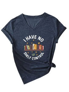 Detail of V-neck navy heather t-shirt featuring I Have No Shelf Control book graphic