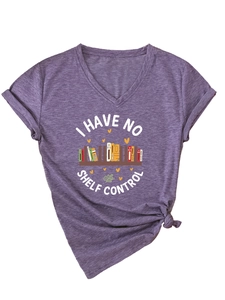 Close-up of V-neck purple heather T-shirt with I HAVE NO SHELF CONTROL print and book art