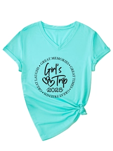 Detail of mint green V-neck T-shirt with Girl's Trip 2025 print and side knot hem