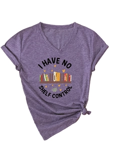 Purple V-neck T-shirt detail showing the 'I HAVE NO SHELF CONTROL' print with book motifs