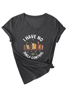 Detail of V-neck charcoal grey T-shirt with 'I HAVE NO SHELF CONTROL' book graphic