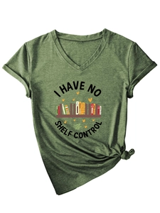 Detail of V-neck dark green T-shirt with 'I have no shelf control' bookish print and side knot