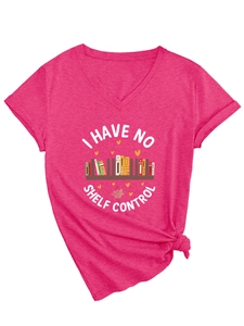 Detail of rose red V-neck T-shirt featuring creative book lover print and knot hem