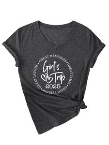 Detail of Girl's Trip 2025 print and side knot on gray V-neck short sleeve T-shirt