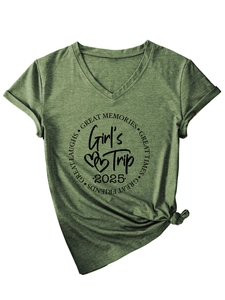 Detail of army green V-neck T-shirt with Girls Trip 2025 graphic and knotted hem