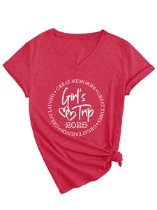 Detail of red V-neck T-shirt showing Girl's Trip 2025 print and side knot design
