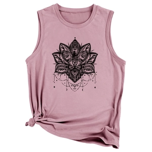 Canotta boho senza maniche con stampa loto rosa polvere e dettaglio nodo frontale