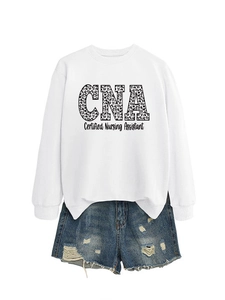Detail of white CNA Certified Nursing Assistant sweatshirt with leopard print letters