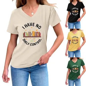 Women's Casual V-Neck Short Sleeve T-Shirt With I Have No Shelf Control Bookcase Print Cotton Blend Summer Loose Fashion Top