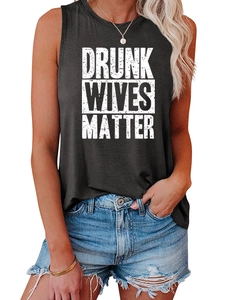 Close-up of Drunk Wives Matter printed slogan on comfortable black cotton blend tank top